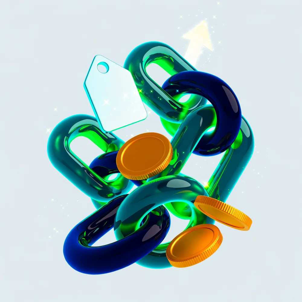 Illustration of glowing chain links, a price tag and coins