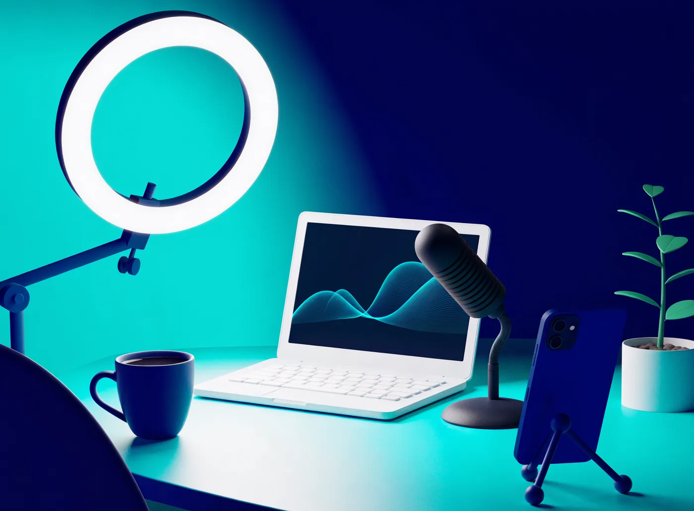 Illustration of a creator's desk with a ring light, phone and laptop