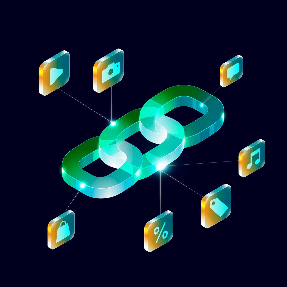 Illustration of app tiles connected to a central link